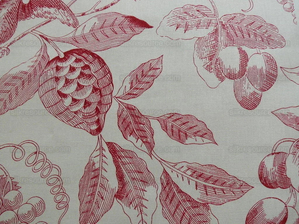 Lee Jofa "buckingham Toile" Scarlet Red And Off White Bird Ribbon Pomegranate Bty