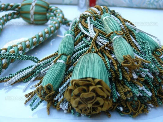 Scalamandre Hampton Court Silk Double Tieback Brown, Green Cream MSRP $1058