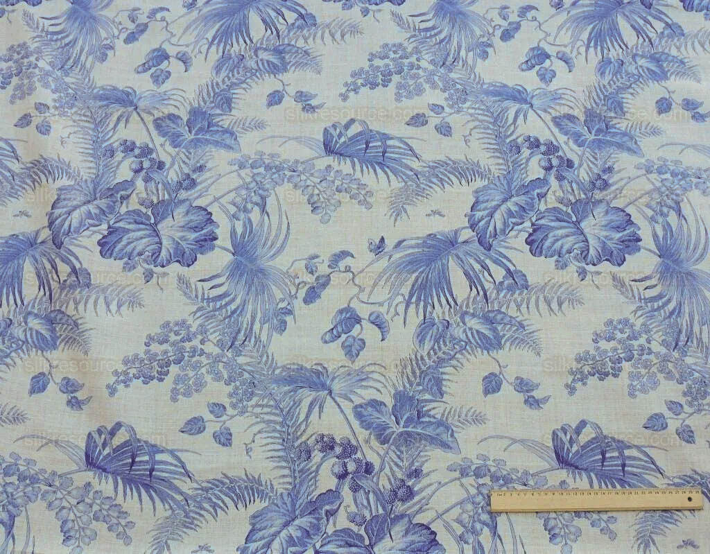 Scalamandre Tropical Toile Linen Gustavian Blue On Ivory Butterfly Fern Palm Berry MSRP USD 215