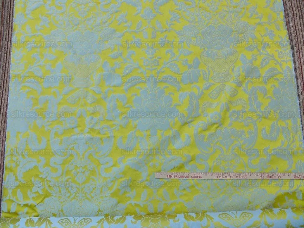 Scalamandre Nashville Ming Yellow Sky Blue 100% Silk Damask Chinoiserie Peony Flower Basket Circa 1830