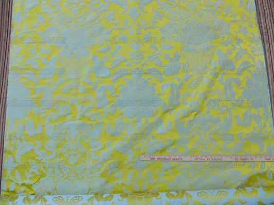 Scalamandre Nashville Ming Yellow Sky Blue 100% Silk Damask Chinoiserie Peony Flower Basket Circa 1830