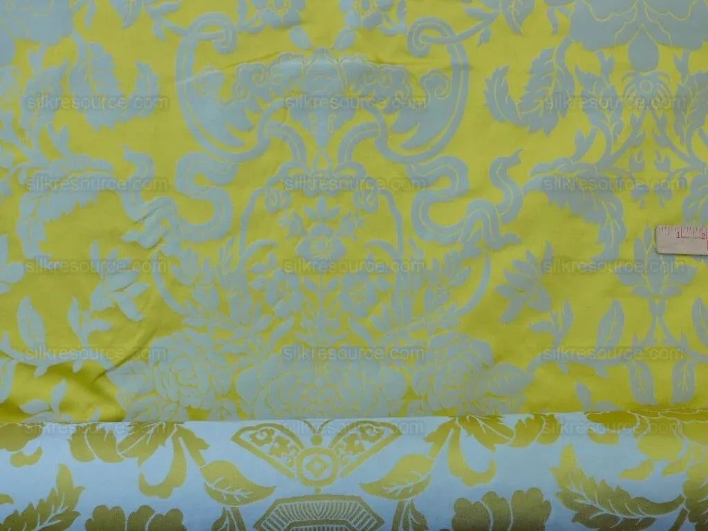 Scalamandre Nashville Ming Yellow Sky Blue 100% Silk Damask Chinoiserie Peony Flower Basket Circa 1830