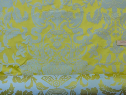 Scalamandre Nashville Ming Yellow Sky Blue 100% Silk Damask Chinoiserie Peony Flower Basket Circa 1830