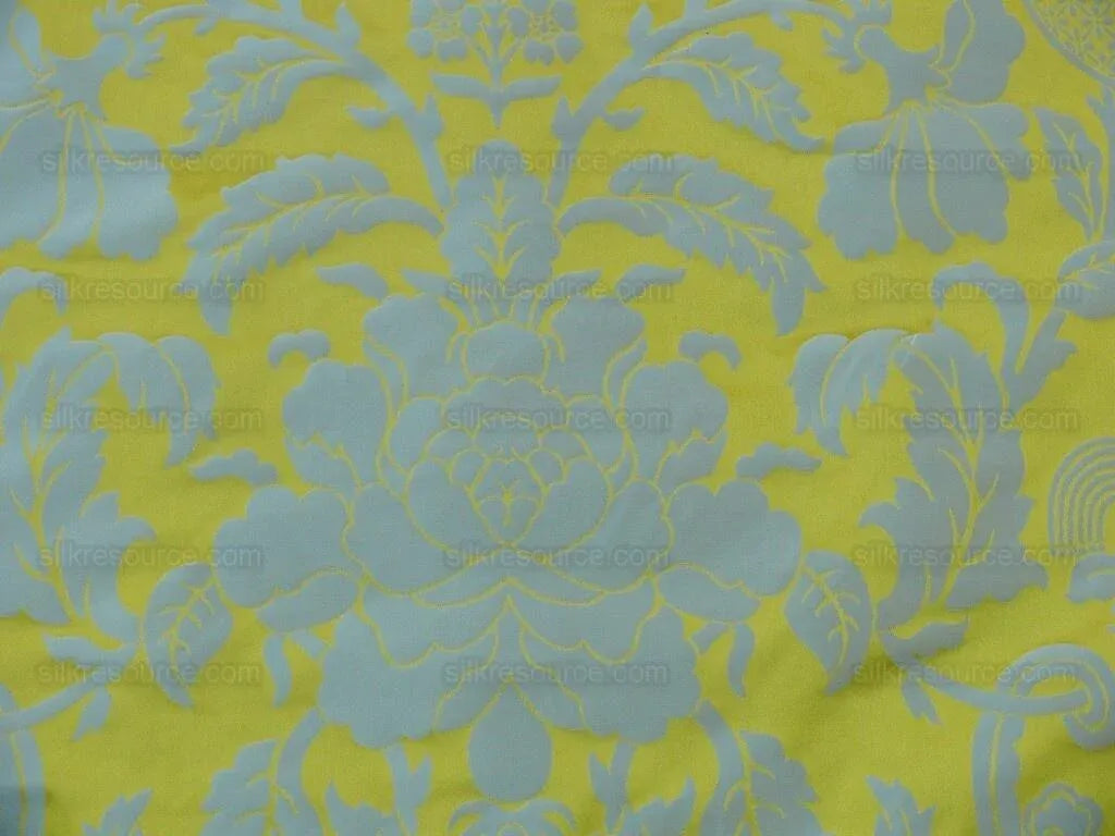 Scalamandre Nashville Ming Yellow Sky Blue 100% Silk Damask Chinoiserie Peony Flower Basket Circa 1830