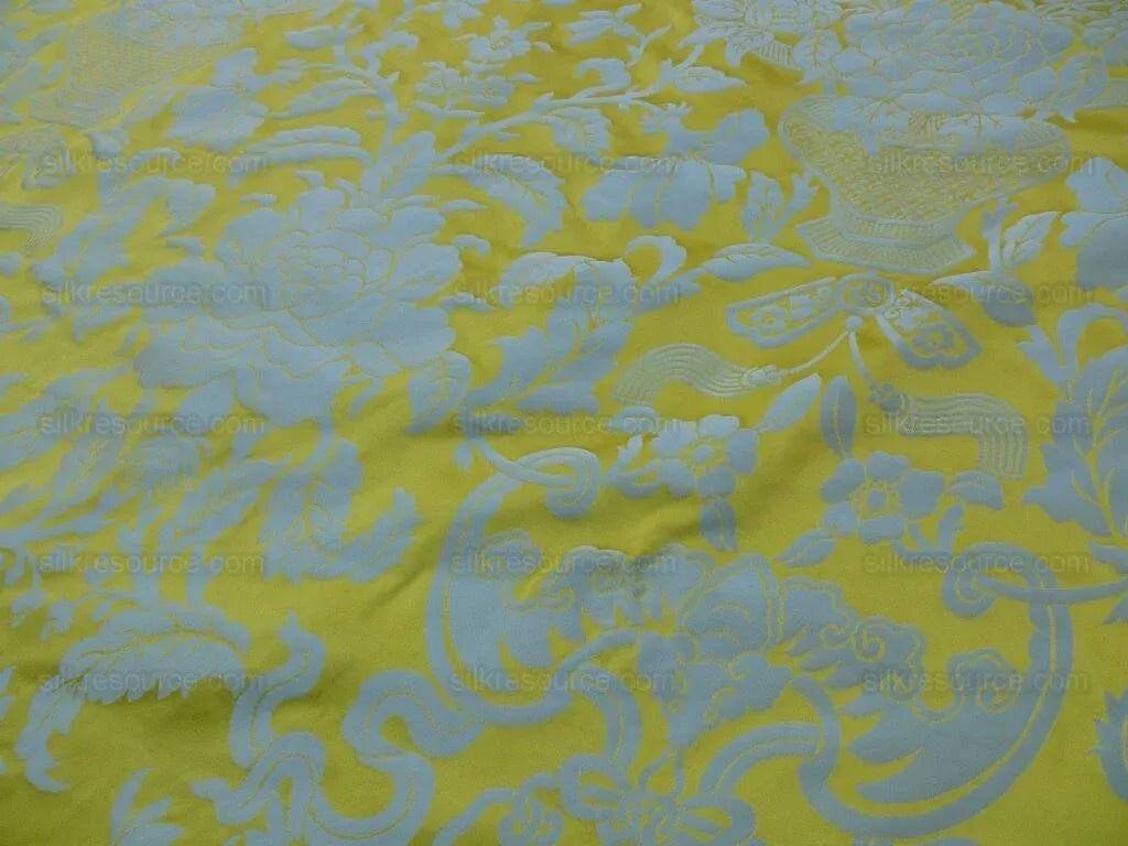 Scalamandre Nashville Ming Yellow Sky Blue 100% Silk Damask Chinoiserie Peony Flower Basket Circa 1830