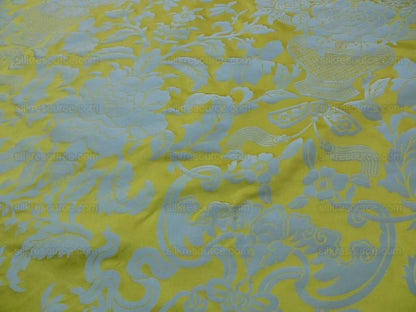 Scalamandre Nashville Ming Yellow Sky Blue 100% Silk Damask Chinoiserie Peony Flower Basket Circa 1830