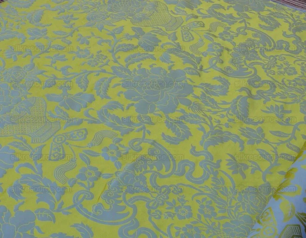 Scalamandre Nashville Ming Yellow Sky Blue 100% Silk Damask Chinoiserie Peony Flower Basket Circa 1830