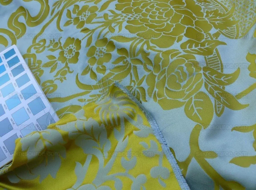 Scalamandre Nashville Ming Yellow Sky Blue 100% Silk Damask Chinoiserie Peony Flower Basket Circa 1830