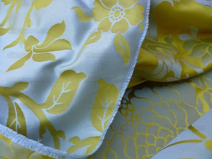 Scalamandre Nashville Ming Yellow Sky Blue 100% Silk Damask Chinoiserie Peony Flower Basket Circa 1830