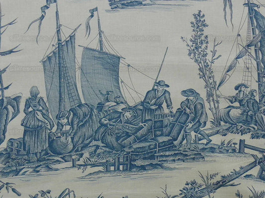 Scalamandre Marine Toile de Jouy Chintz Cotton Ships Sea Voyage Fishing Village Print Blue On Cream MSRP USD 228/Y