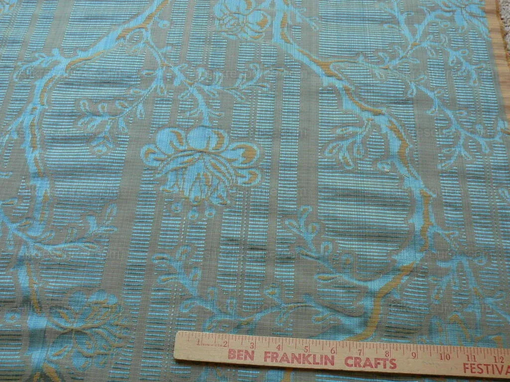 Scalamandre "sabrina Gaufre" Damask French Blue Antique Gold Stripe Silk Bty