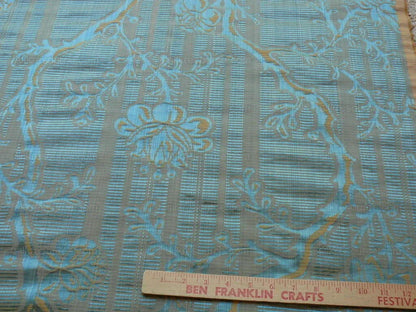Scalamandre "sabrina Gaufre" Damask French Blue Antique Gold Stripe Silk Bty