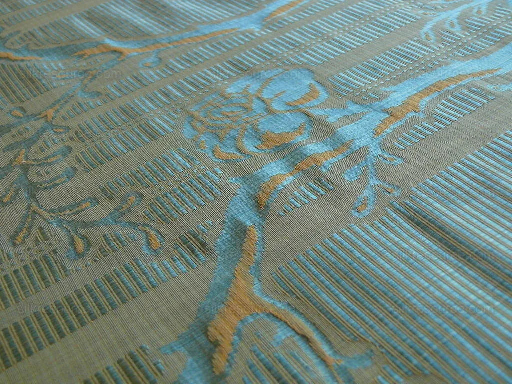 Scalamandre "sabrina Gaufre" Damask French Blue Antique Gold Stripe Silk Bty