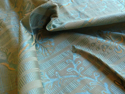 Scalamandre "sabrina Gaufre" Damask French Blue Antique Gold Stripe Silk Bty