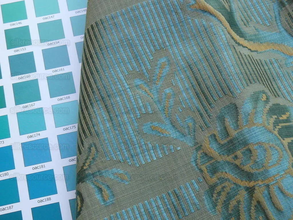 Scalamandre "sabrina Gaufre" Damask French Blue Antique Gold Stripe Silk Bty