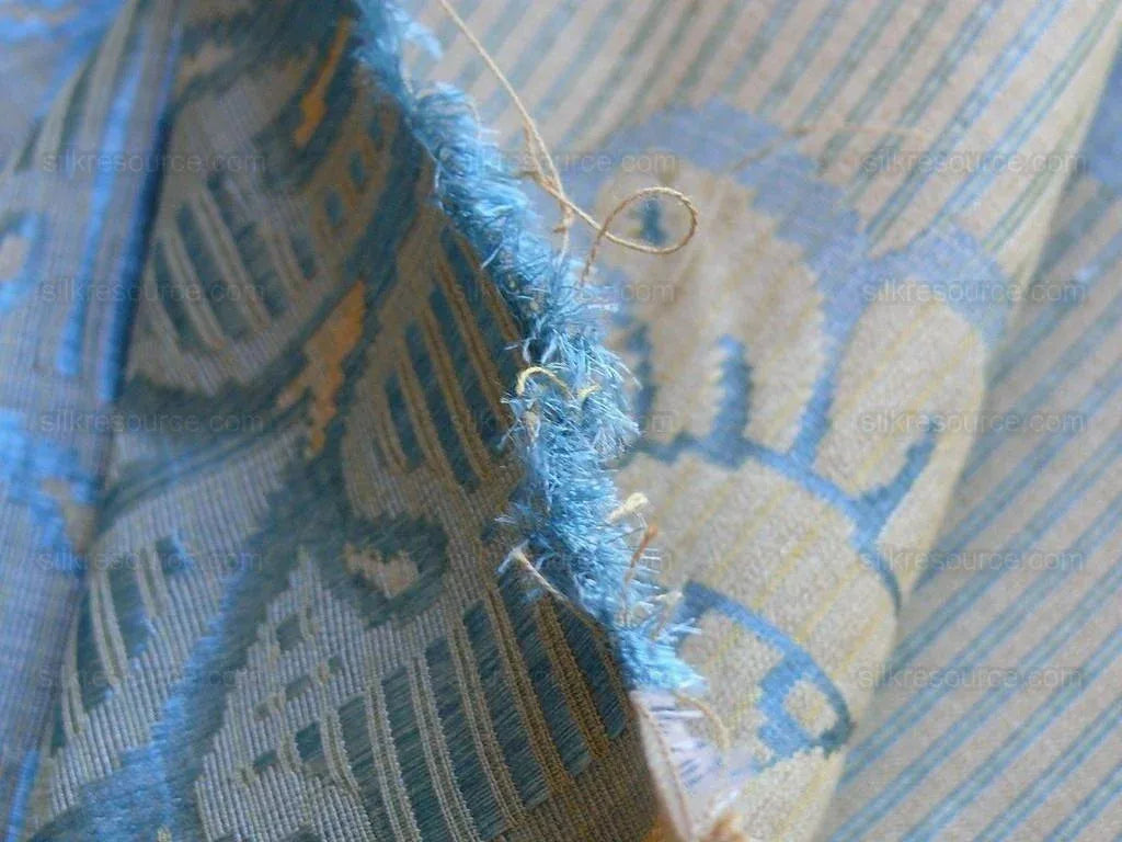 Scalamandre "sabrina Gaufre" Damask French Blue Antique Gold Stripe Silk Bty