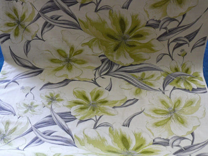 HUGE ARTISTIC TULIP FLOWER PRINT LINEN GREEN BLACK ON NATURAL FL