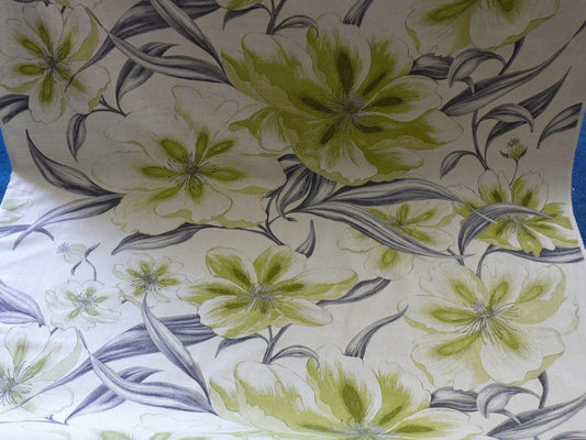 HUGE ARTISTIC TULIP FLOWER PRINT LINEN GREEN BLACK ON NATURAL FL