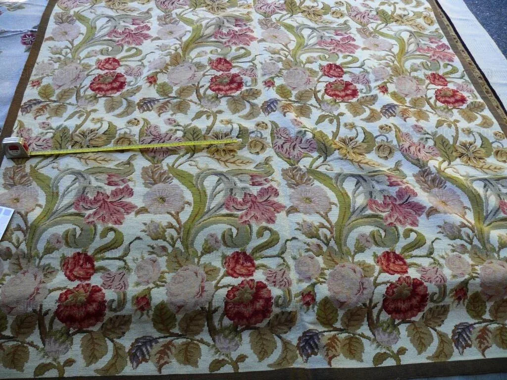 Stark Exquisite Needlepoint Rug Art Deco Flower Square Red Beige 9x6'