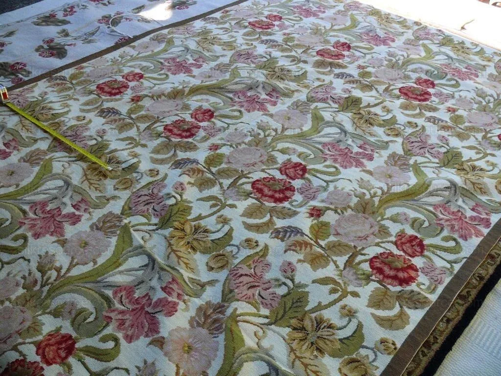 Stark Exquisite Needlepoint Rug Art Deco Flower Square Red Beige 9x6'