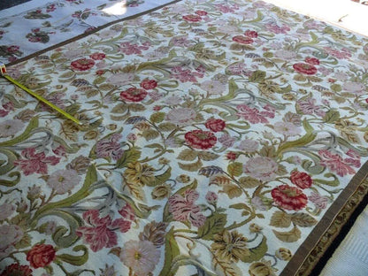 Stark Exquisite Needlepoint Rug Art Deco Flower Square Red Beige 9x6'