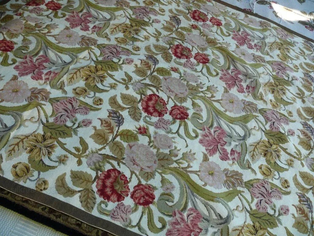 Stark Exquisite Needlepoint Rug Art Deco Flower Square Red Beige 9x6'