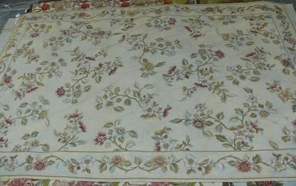 Stark Hand Made Needlepoint 6'x9' Flower Sprig Border On Lt Yellow