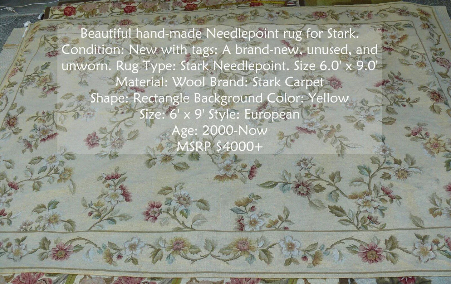 Stark Hand Made Needlepoint 6'x9' Flower Sprig Border On Lt Yellow