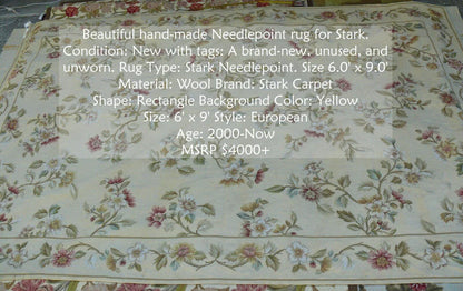 Stark Hand Made Needlepoint 6'x9' Flower Sprig Border On Lt Yellow