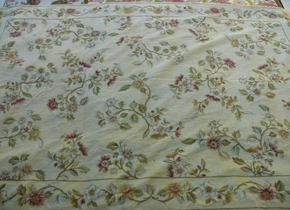 Stark Hand Made Needlepoint 6'x9' Flower Sprig Border On Lt Yellow