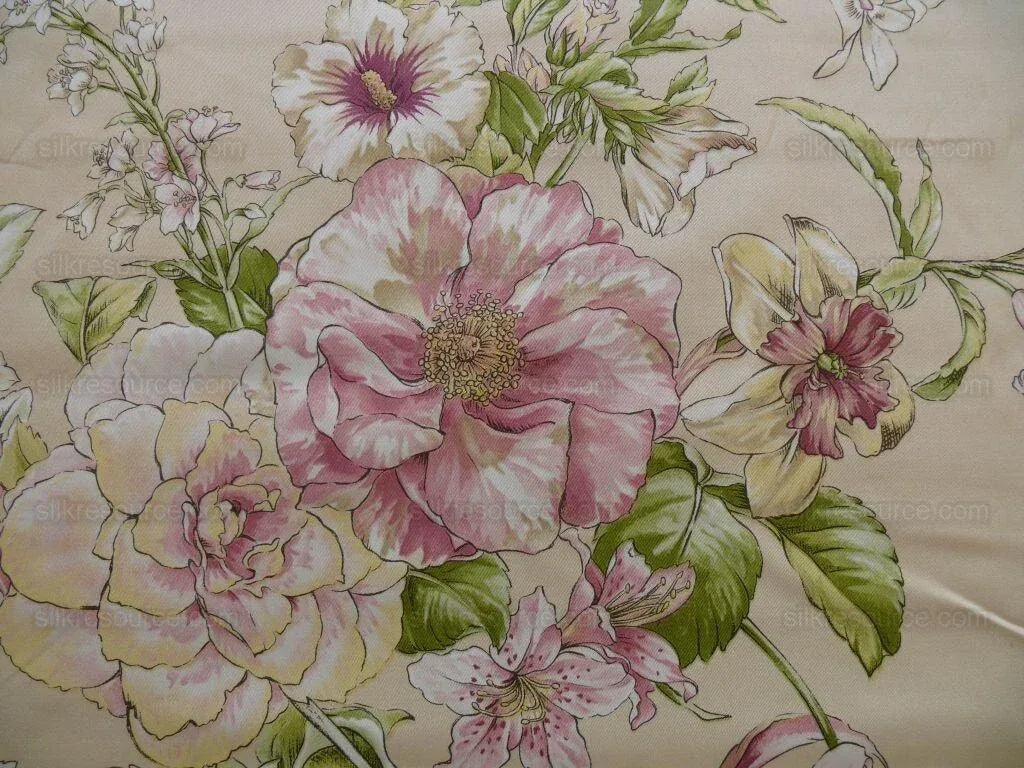 1.2yards Scalamandre La Generosa Rose Hibiscus Lily Flower Cotton Eggshell Pink Green Red Cotton Satin MSRP USD 180/Yard