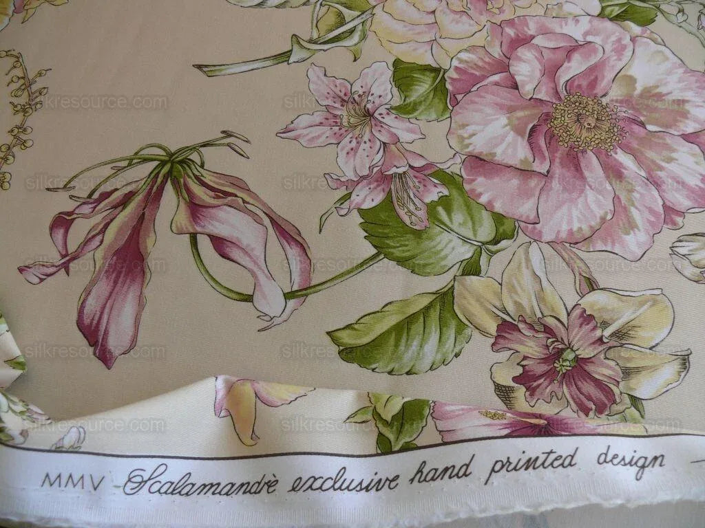 1.2yards Scalamandre La Generosa Rose Hibiscus Lily Flower Cotton Eggshell Pink Green Red Cotton Satin MSRP USD 180/Yard
