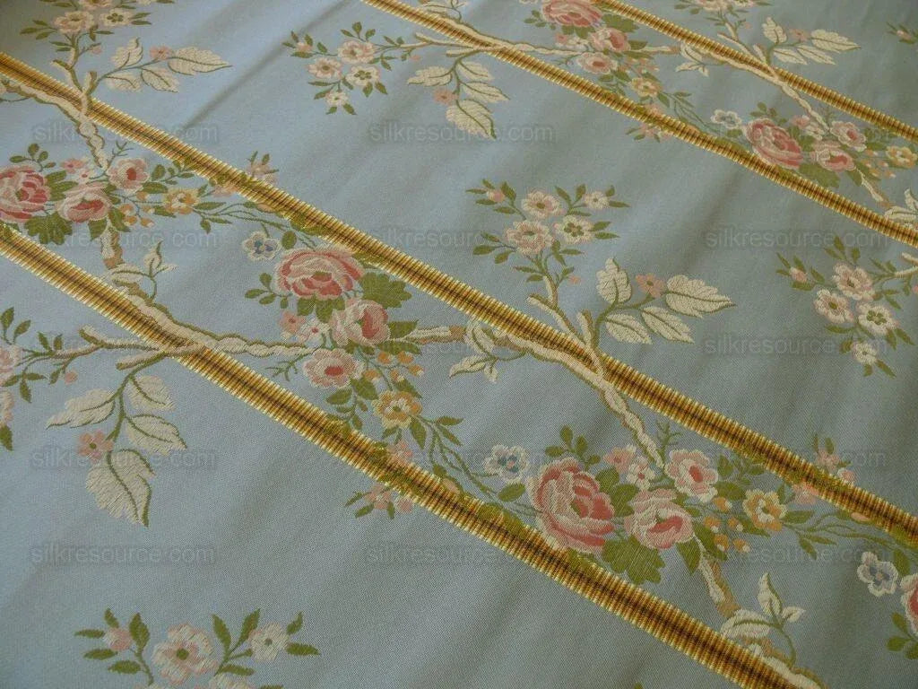 Scalamandre Madame Rose Martinale Striped Lisere Silk Blue Flora