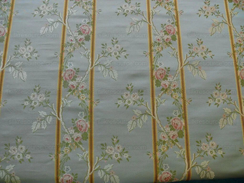 Scalamandre Madame Rose Martinale Striped Lisere Silk Blue Flora