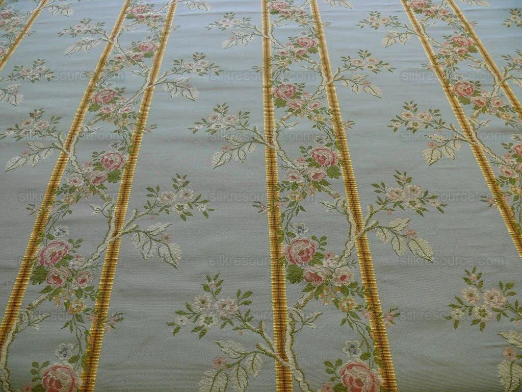 Scalamandre Madame Rose Martinale Striped Lisere Silk Blue Flora