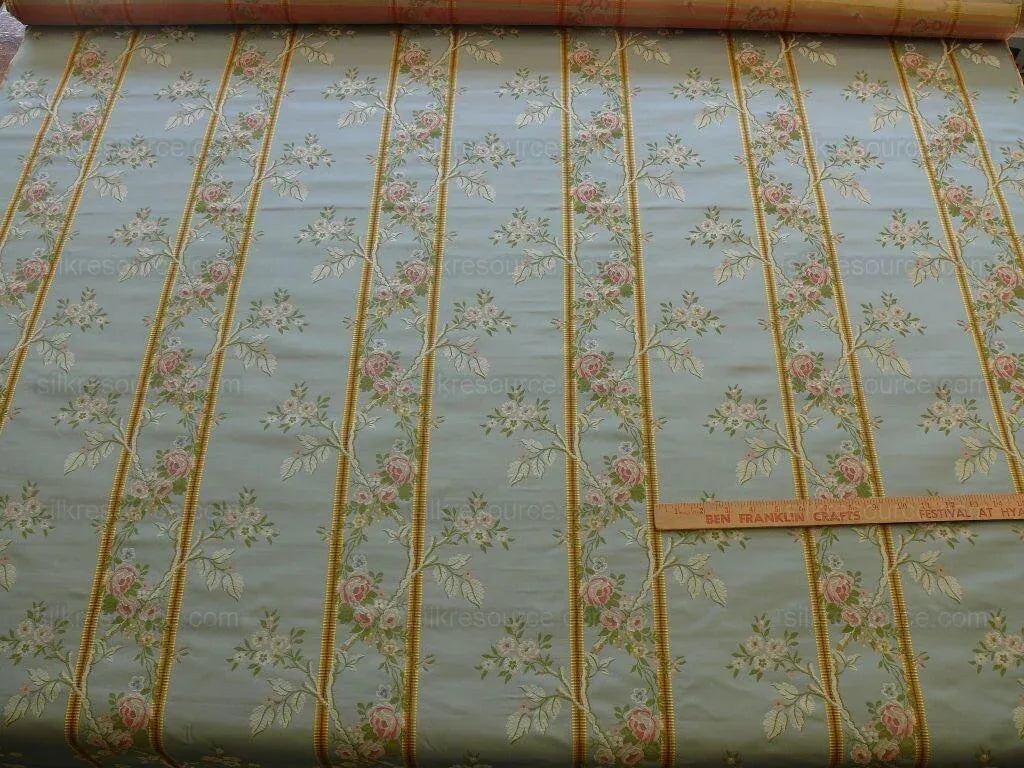 Scalamandre Madame Rose Martinale Striped Lisere Silk Blue Flora