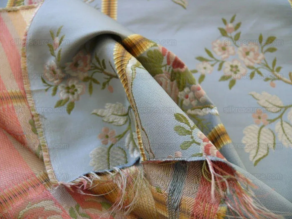 Scalamandre Madame Rose Martinale Striped Lisere Silk Blue Flora