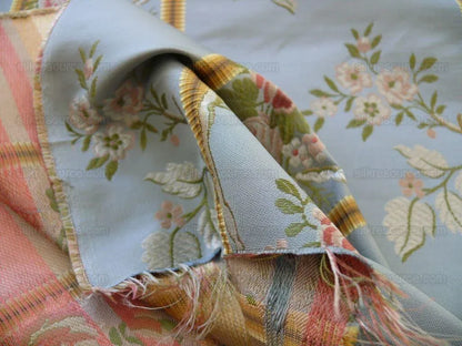 Scalamandre Madame Rose Martinale Striped Lisere Silk Blue Flora