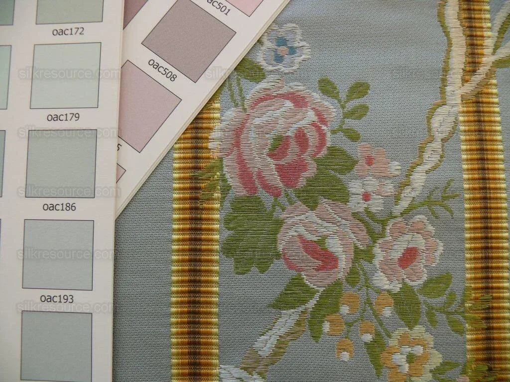 Scalamandre Madame Rose Martinale Striped Lisere Silk Blue Flora