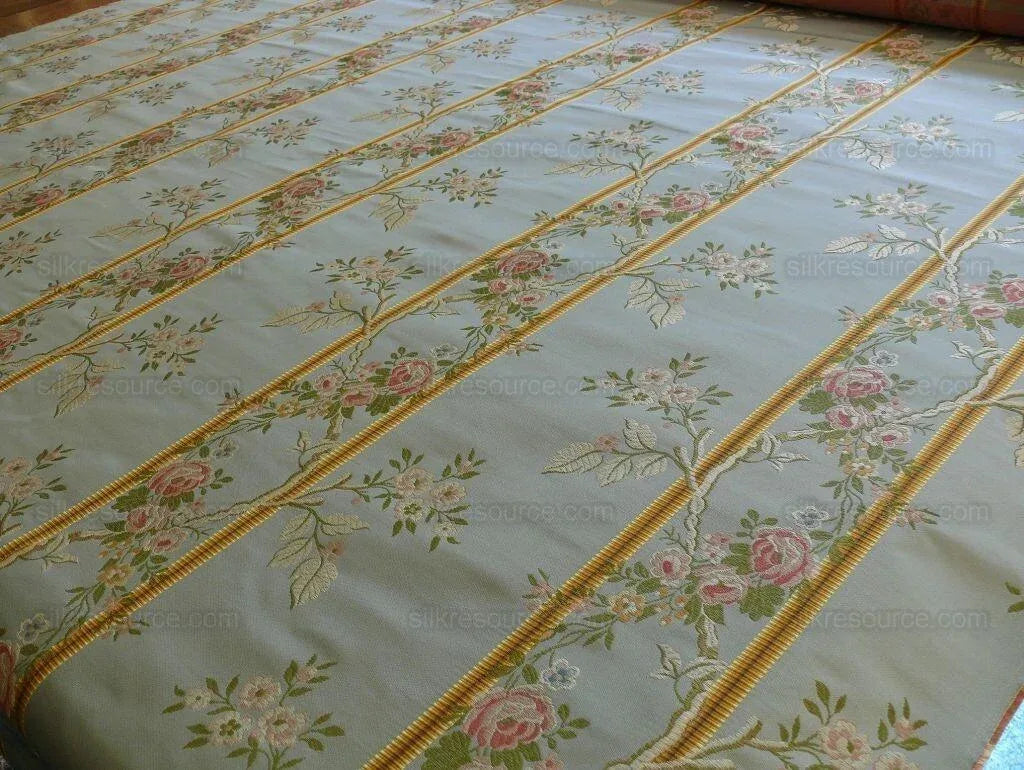 Scalamandre Madame Rose Martinale Striped Lisere Silk Blue Flora