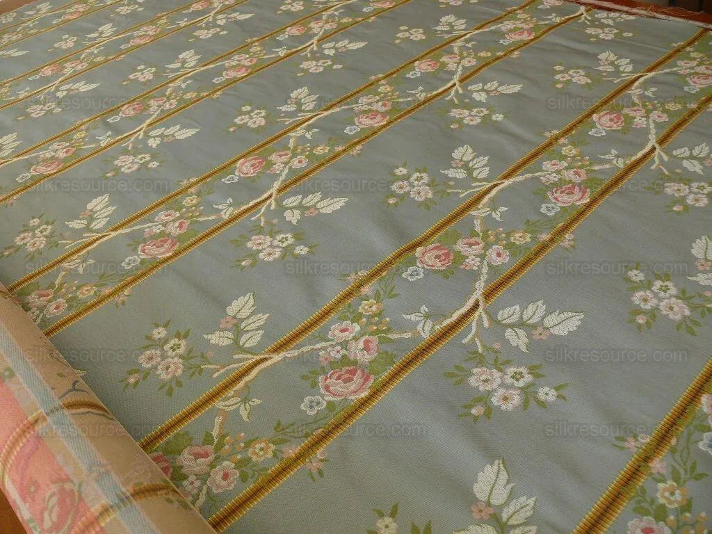 Scalamandre Madame Rose Martinale Striped Lisere Silk Blue Flora