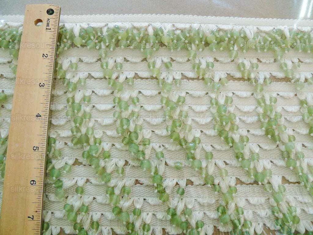 Scalamandre Lampshade Fringe Beaded Green Jade White Silk MSRP USD 195/Y