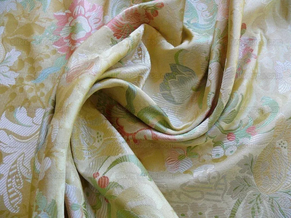 BY Yd Scalamandre "louis Xv" 100% Silk Lampas Chinoiserie Multi On Pale Yellow Bty