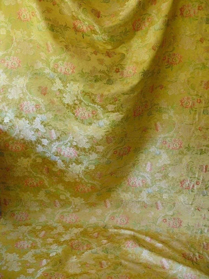 BY Yd Scalamandre "louis Xv" 100% Silk Lampas Chinoiserie Multi On Pale Yellow Bty