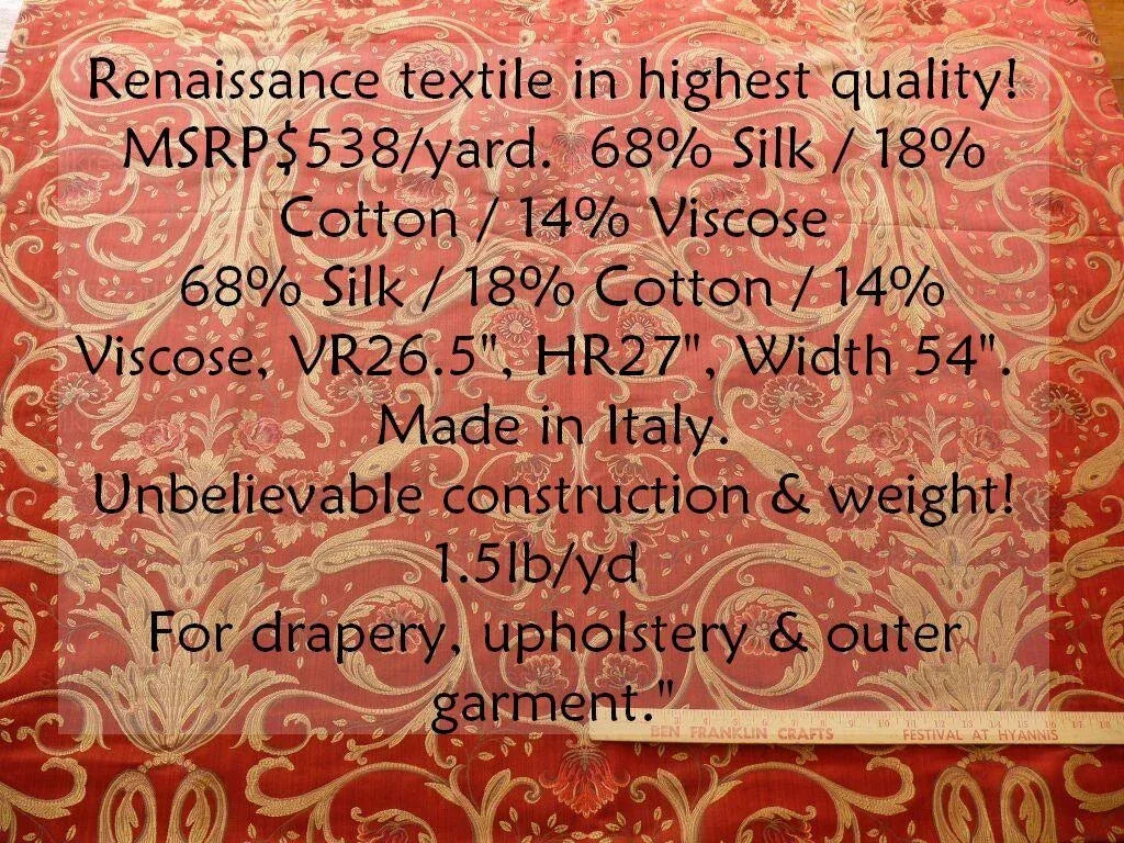 By Yd Coraggio Textile Donatello In Crimson Red Renaissance Florence  Silk Tapestry Red MSRP USD 538/Y
