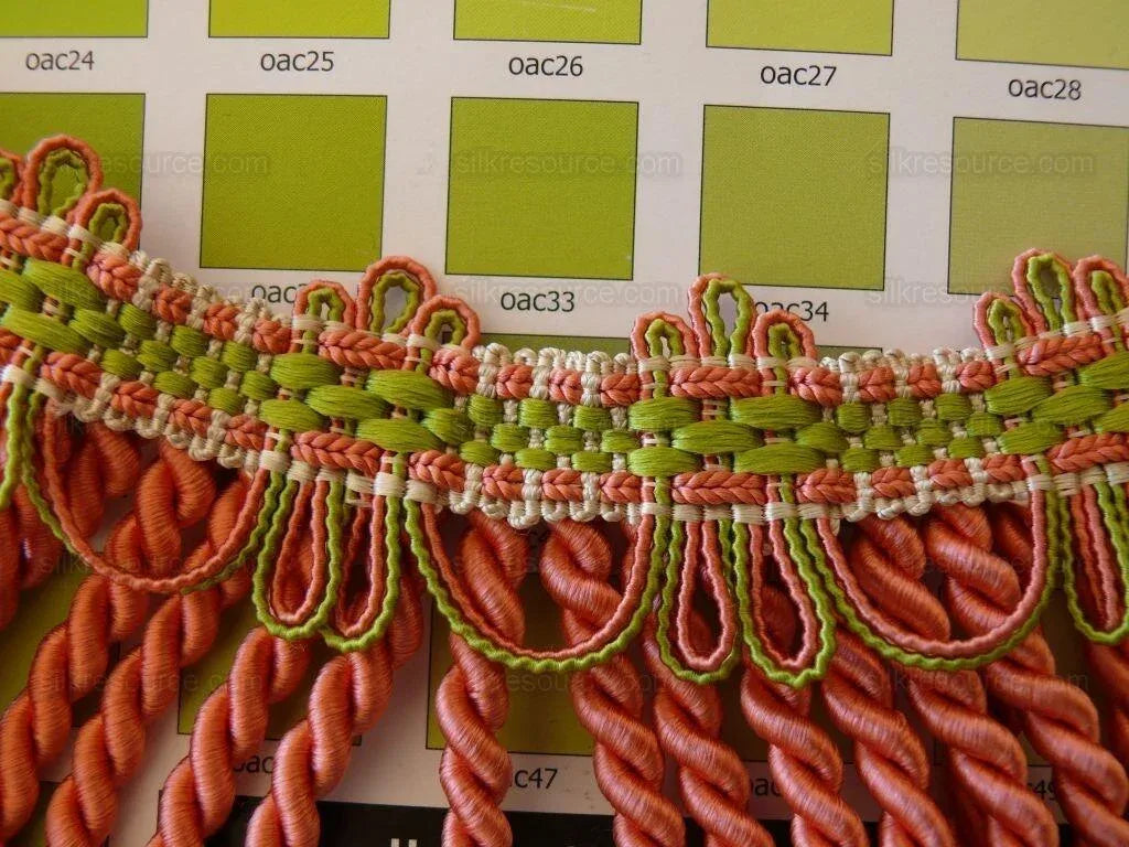 Scalamandre Lyric Buillion Fringe 100% Silk Coral &amp; Lime Pink and Green Heavy Bty MSRP USD 285/Y