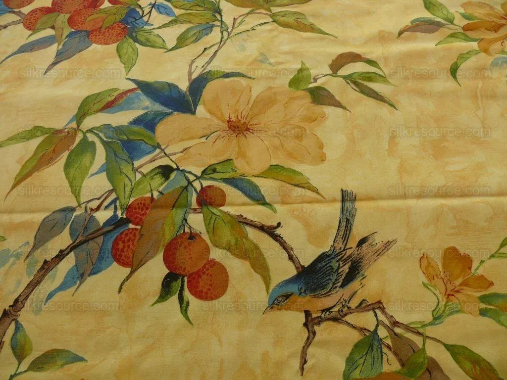 8.875y Exotic Cotton Print Birds &amp; Lychee Fruit Tree Yellow#1144