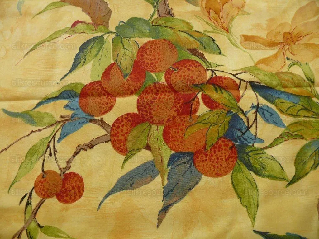 8.875y Exotic Cotton Print Birds &amp; Lychee Fruit Tree Yellow#1144