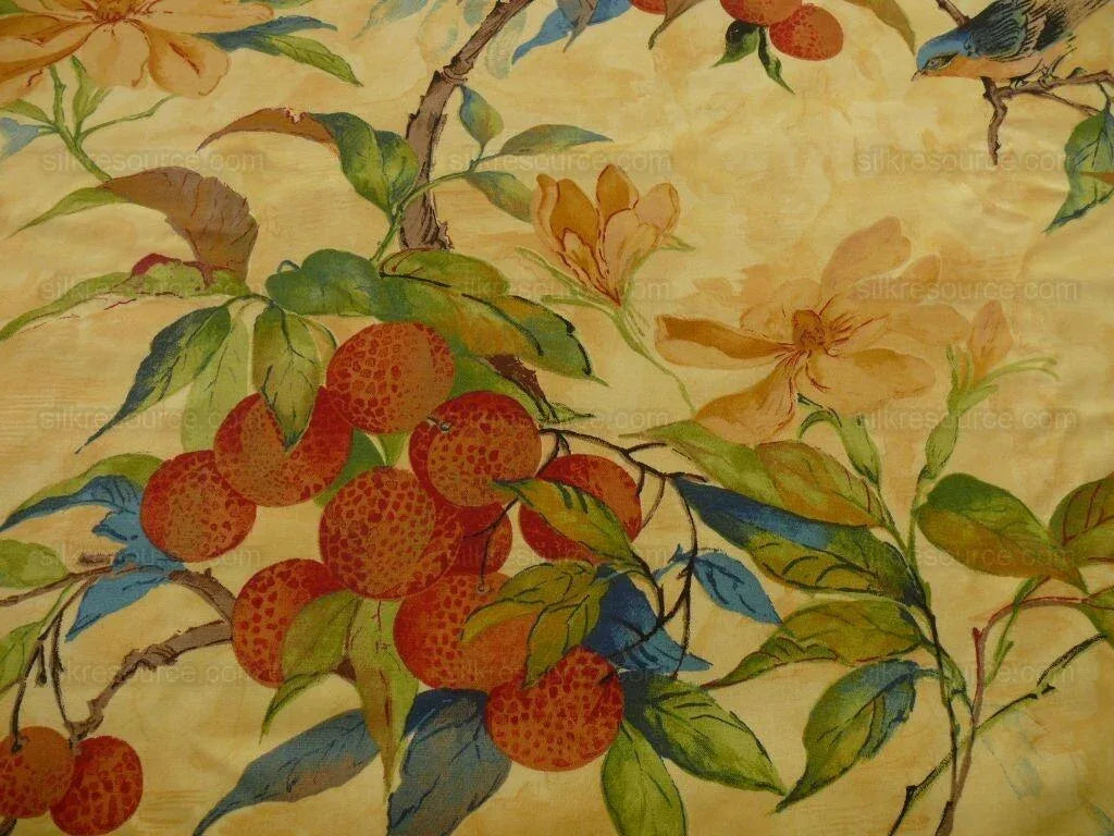 8.875y Exotic Cotton Print Birds &amp; Lychee Fruit Tree Yellow#1144