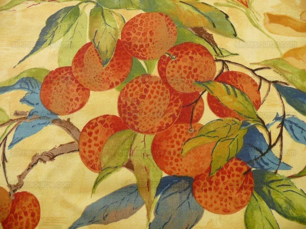 8.875y Exotic Cotton Print Birds &amp; Lychee Fruit Tree Yellow#1144